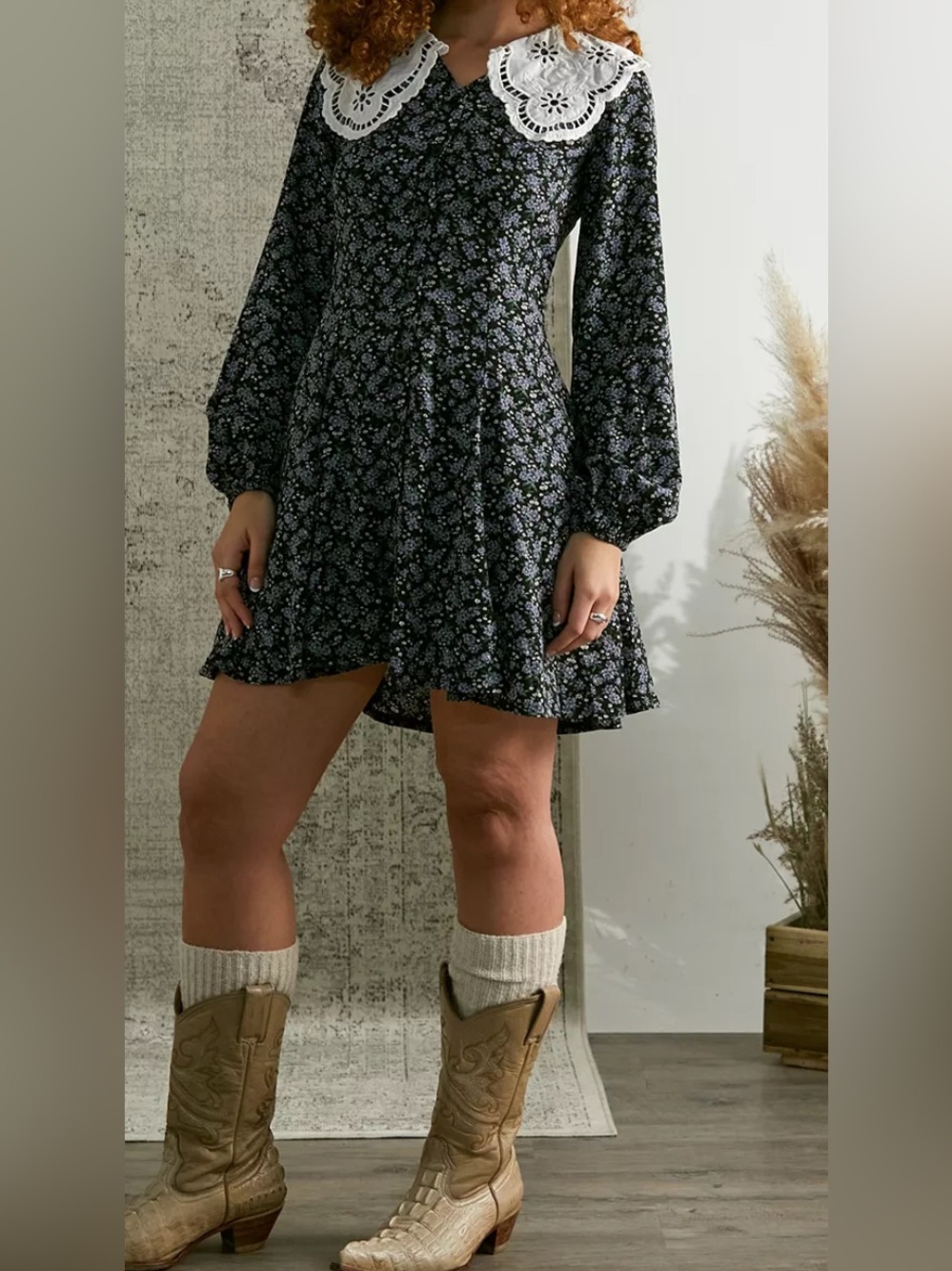 Floral Black Mini Dress with White Lace Collar